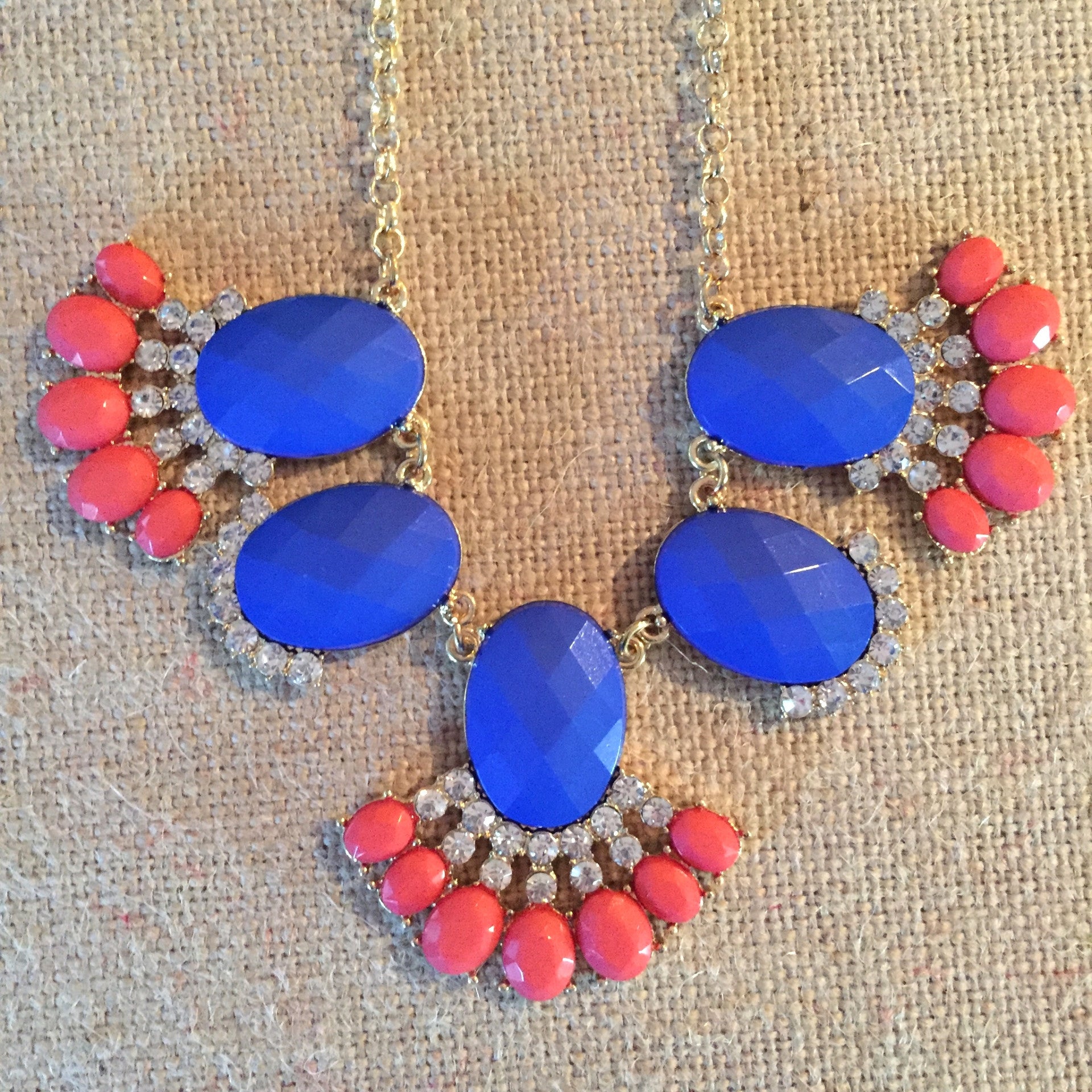 J.Crew Navy Blue Rhinestones Bib Gold Tone Statement Necklace