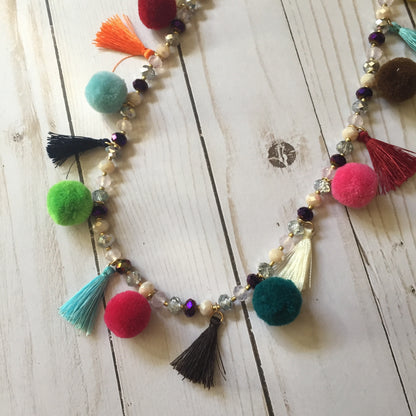 PomPom, Tassel and Crystal Necklace :: Multi-color and Extra Long