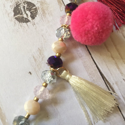 PomPom, Tassel and Crystal Necklace :: Multi-color and Extra Long