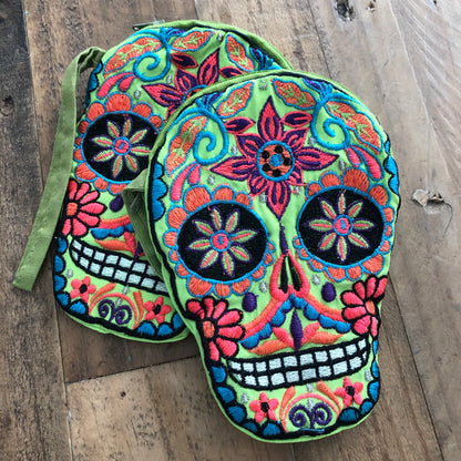 Green Skull Dia de los Muertos Embroidered Coin Purse Day of the Dead
