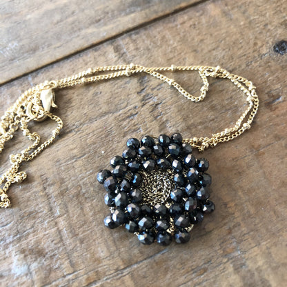 Black Crystal Beaded Cluster Pendant Necklace
