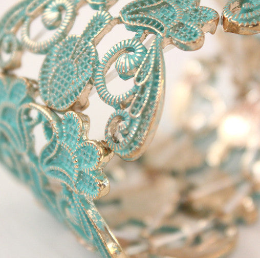 Lace Filigree Bracelet ~ Aqua and Gold