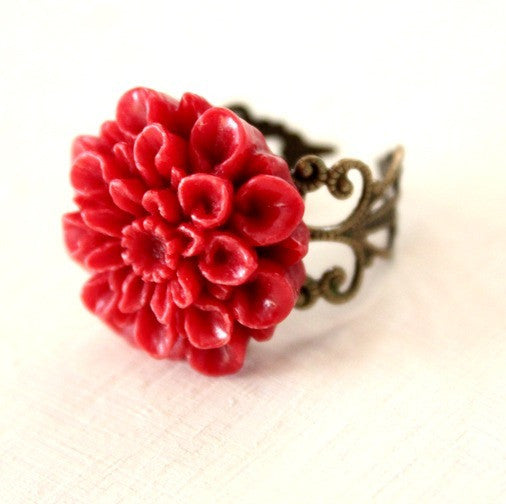 Dahlia Flower Ring ~ Red and Antique Gold