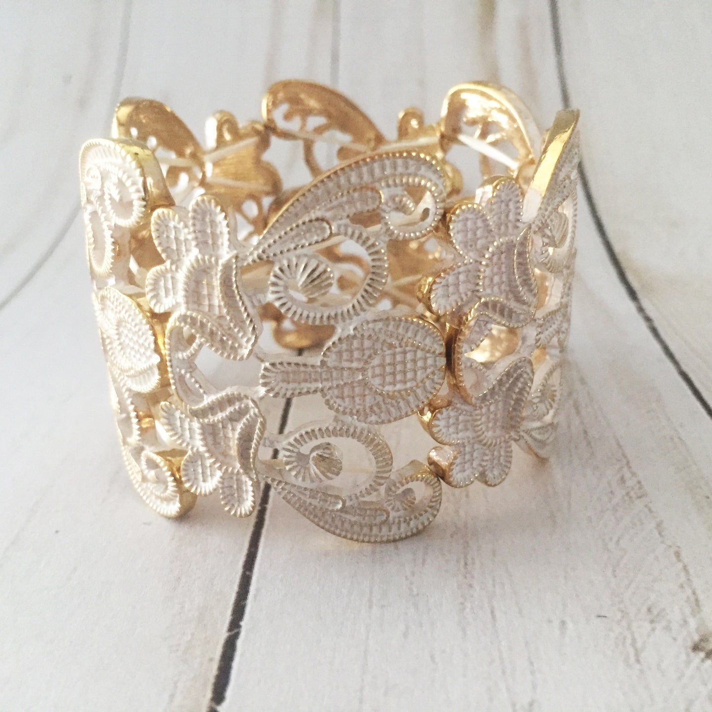 Lace Filigree Bracelet ~ White and Gold